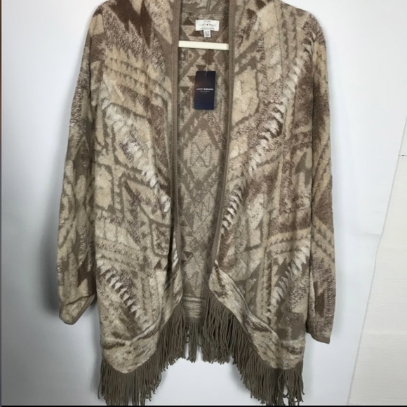 LuckyBrand Women Neutral Aztec OpenFront Fringe Cardigan Shawl Sweater Scarf XS - Picture 3 of 9